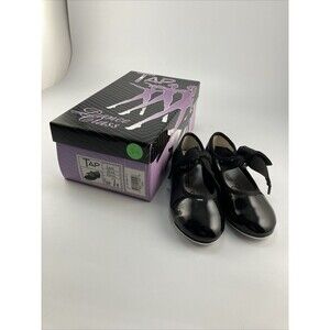 Dance Class Girls Tap Shoes Flexible Black Patent & Ribbon Closure Size 7 WIDE